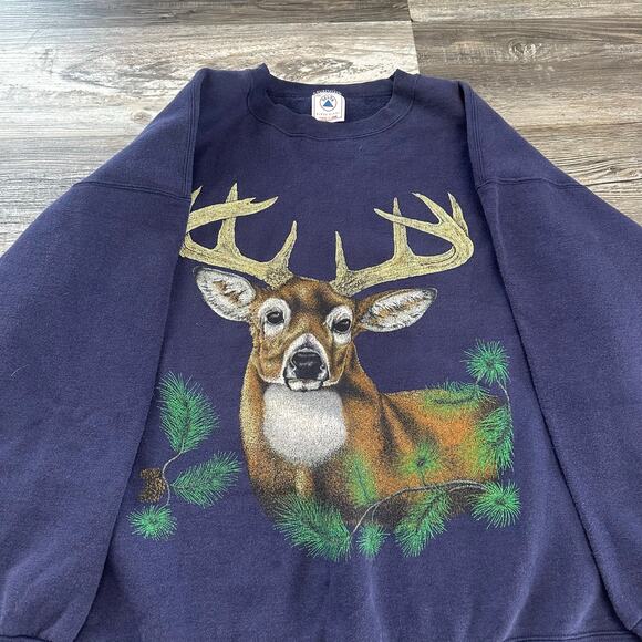 Vintage Delta Pro Navy Blue Buck Deer Men 2XL Nature Graphic Sweatshirt Grandpa - Picture 1 of 8